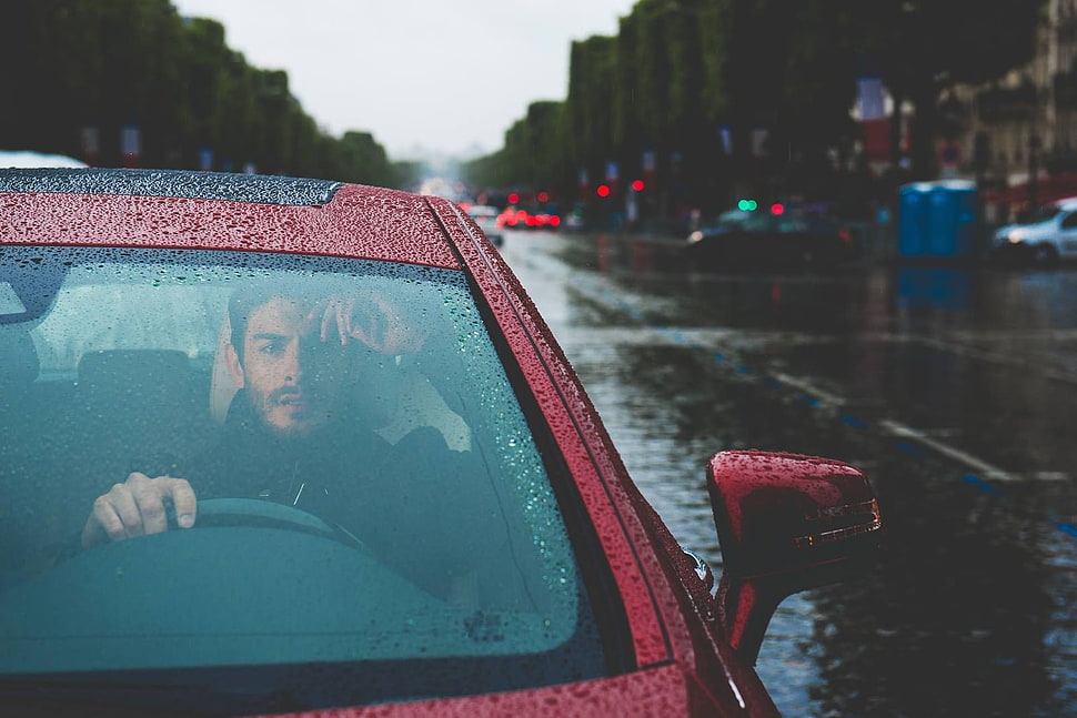 red car, car, red cars, rain, road HD wallpaper