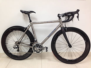 silver road bike, bicycle, carbon fiber , road, wheels