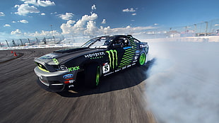 black and green racing car drifting HD wallpaper