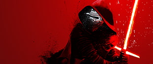 Kylo Ren from Star Wars digital wallpaper, Kylo Ren, Star Wars: The Force Awakens, red background, lightsaber