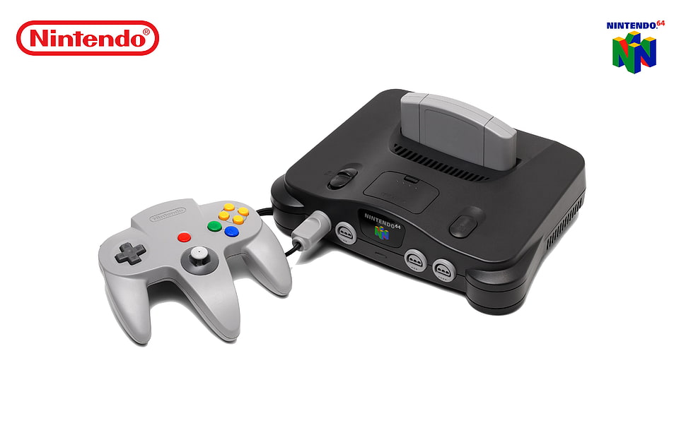 black Nintendo 64 with gray corded controller, Nintendo 64, consoles, video games, simple background HD wallpaper