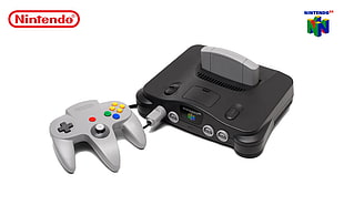 black Nintendo 64 with gray corded controller, Nintendo 64, consoles, video games, simple background