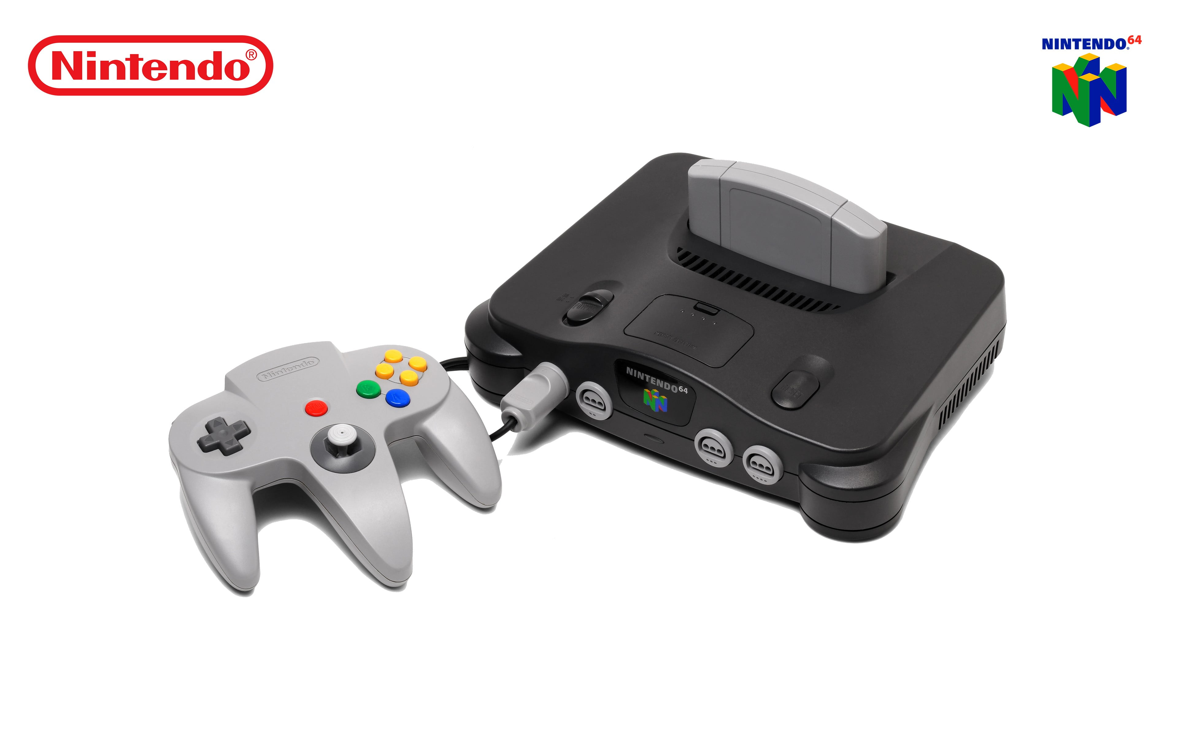 black Nintendo 64 with gray corded controller, Nintendo 64, consoles, video games, simple background