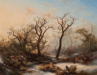 brown bare trees, painting, trees, winter, river
