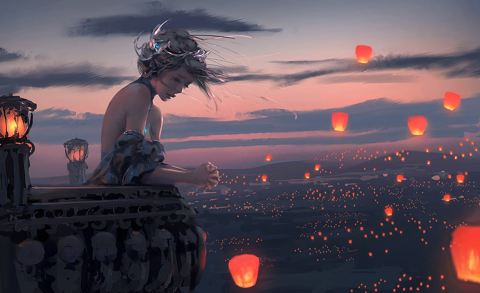 woman standing on terrace surround by sky lanterns HD wallpaper
