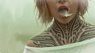 women's white off-shoulder top, tattoo, smoking, Pierced Lips, pierced nose HD wallpaper