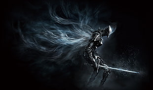 armored knight holding sword with winged aura digital wallpaper