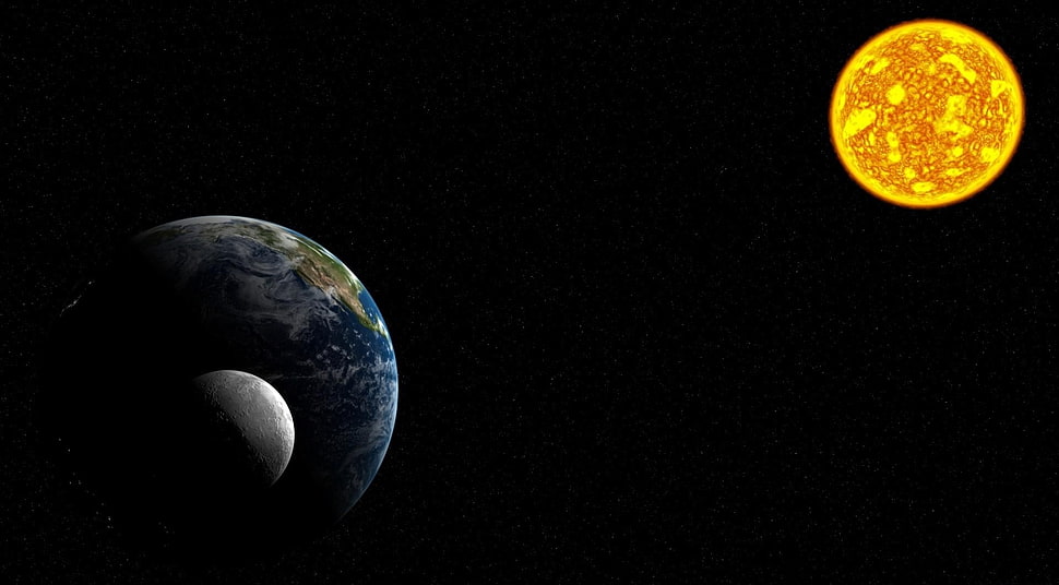 moon, planet earth and sun illustration HD wallpaper
