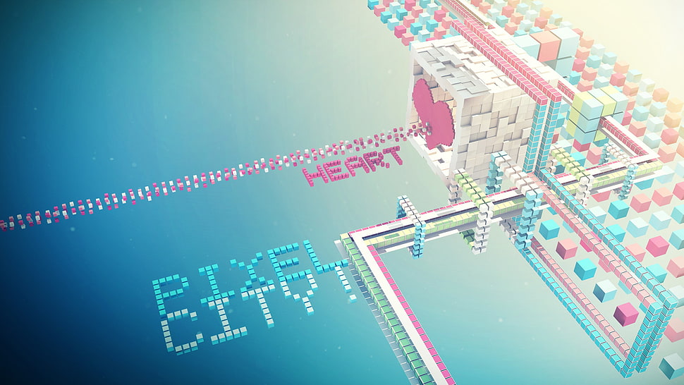 Pixel City game wallpaper, cube, pixels, heart, typography HD wallpaper