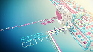 Pixel City game wallpaper, cube, pixels, heart, typography