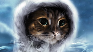 brown cat wearing white fur coat on snow covered land painting