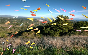 assorted color paper planes in flight above grass field HD wallpaper