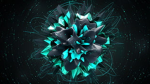 black and green flower illustration, abstract, digital art, shapes, 3D