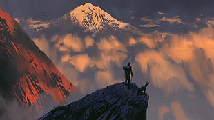 man on mountain during daytime, fantasy art, artwork