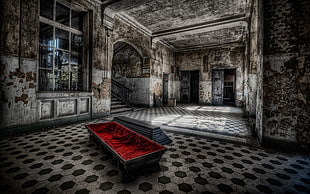 red and black coffin inside concrete building, HDR, indoors, death, stairs HD wallpaper