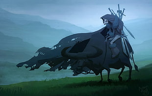 skeleton riding on water buffalo poster, fantasy art, skull, sword, artwork