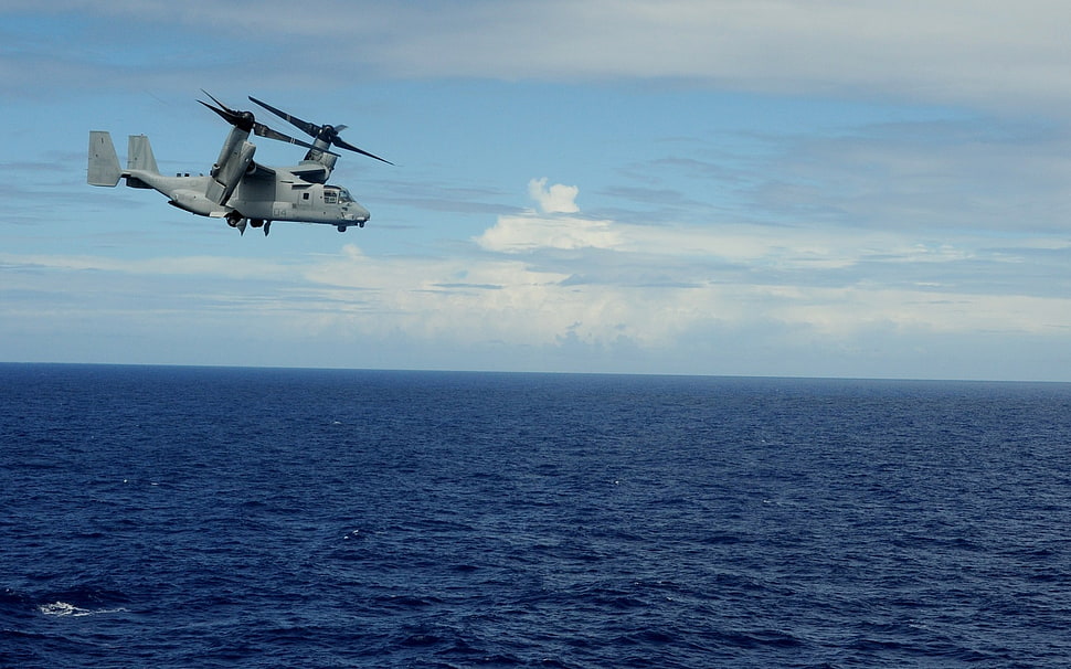 white aircraft, CV-22 Osprey, vehicle, sea, horizon HD wallpaper