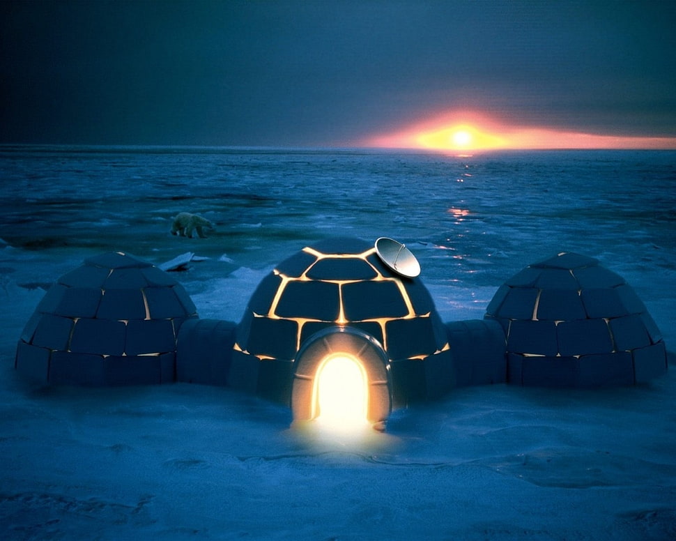 gray iGloo on sheashore during sunset HD wallpaper