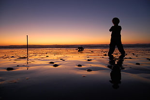 silhoutte photography of child on seashore during golden hour HD wallpaper