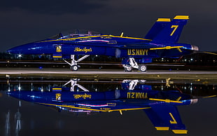 blue and yellow US Navy Blue Angels 7 fighter jet, McDonnell Douglas F/A-18 Hornet, Blue Angels