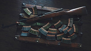 brown and black sniper rifle, gun, SKS, stripper clip, ammunition HD wallpaper