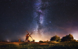 brown wind mill near trees at night time, nature, photography HD wallpaper