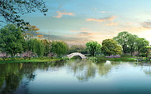 bridge and lake landscape artwork