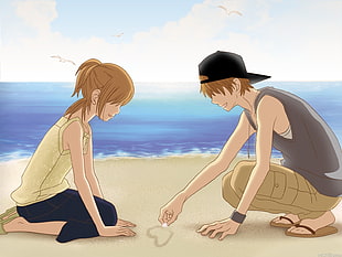 brown haired female anime and male near the beach illustration