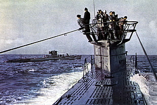 gray ship dock, submarine, military, vintage, vehicle