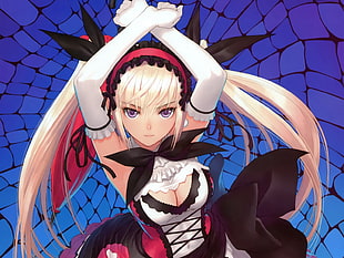 female anime character wearing white and black dress with black bow poster
