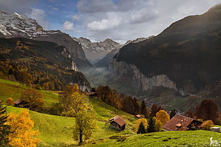 aerial photo of a mountain and houses, lauterbrunnen HD wallpaper