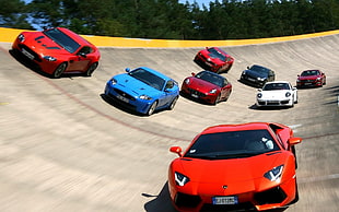 red sports coupe, car, Super Car , Lamborghini Aventador, Jaguar XKR
