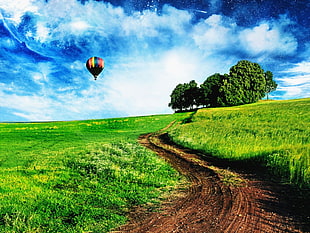 green plain field, hot air balloons, digital art, landscape, sky