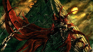 digital wallpaper of red and black dragon character, comics, Spawn, artwork, chains