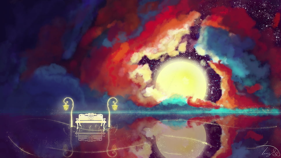 multicolored abstract art, moonlight, reflection HD wallpaper