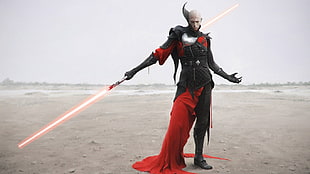 red and black game character costume, Star Wars, concept art, lightsaber, men