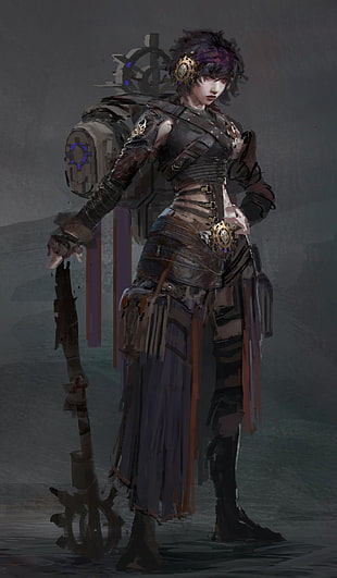 purple haired female character illustration, warrior