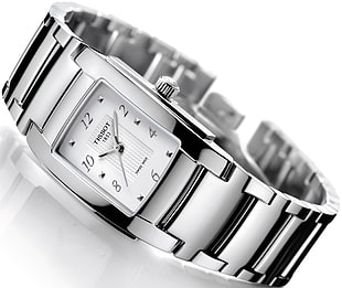 square silver-colored case Tissot analog watch with bracelet