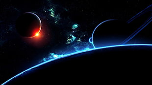 sun and planet, space, planet, planetary rings, space art
