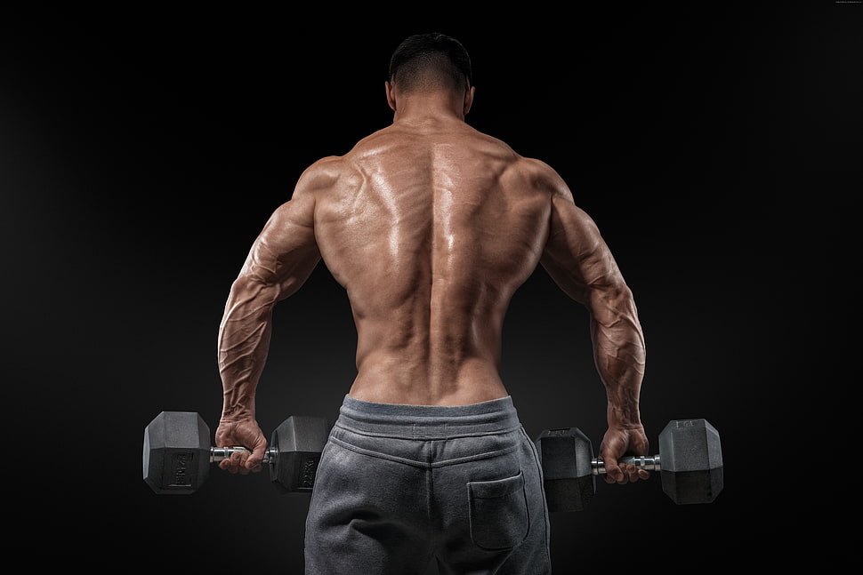 man carrying two black hex dumbbells HD wallpaper