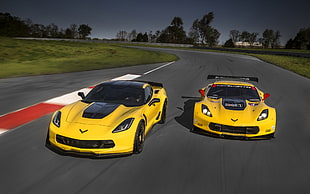 two yellow-and-black Corvette sports coupes screenshot, car, Chevrolet Corvette Z06, Chevrolet Corvette C7, race tracks