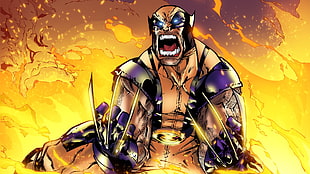 Wolverine from X-Men illustration, Wolverine, X-Men, fire, Marvel Comics