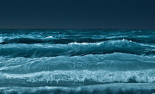 blue and white floral mattress, sea, waves, digital art