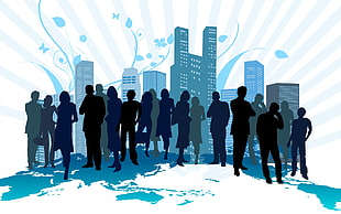 people near high-rise buildings illustration