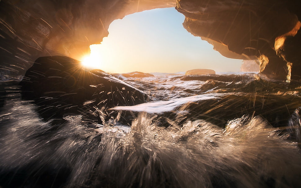brown cavbe, macro, water, cave, rocks HD wallpaper