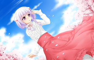 purple haired female character in white and red dress