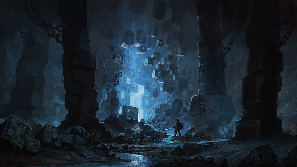 black illustration, science fiction, fantasy art, blue, cave HD wallpaper