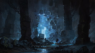 black illustration, science fiction, fantasy art, blue, cave