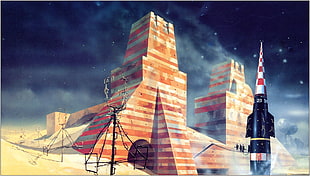 brown and gray building near rocket illustration, science fiction, Chris Foss