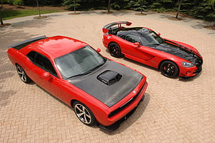 red Dodge Challenger and Dodge Viper coupes, car, Dodge Challenger SRT, Dodge Viper ACR, red cars